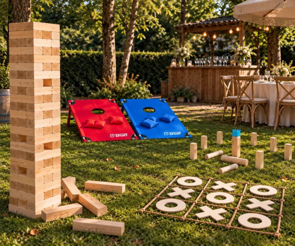 Stapeltoren, cornhole, kubb en boter kaas en eieren op het gras bij een tuinfeest