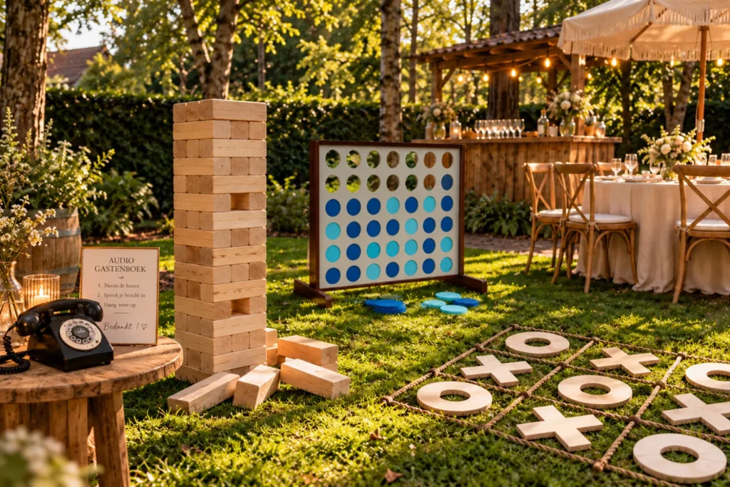 XL spellen en een audio gastenboek in de tuin bij een babyshower