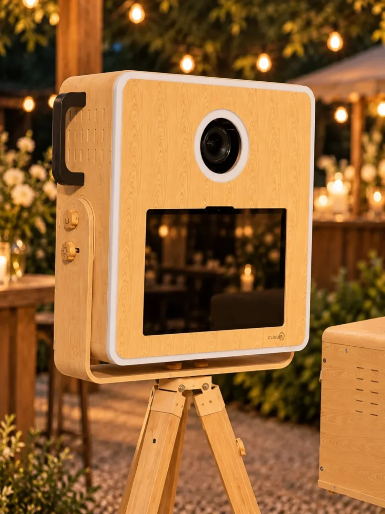 Houten photobooth van dichtbij, met camera en scherm