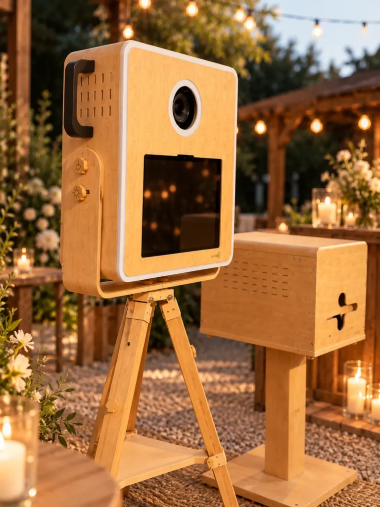 Houten photobooth en printer, van opzij gezien