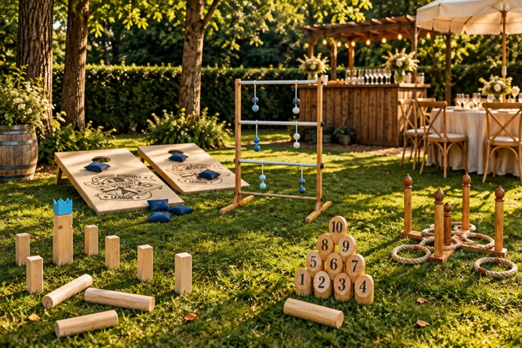Kubb, cornhole, laddergolf, smite en ringwerpen op het gras bij een teamuitje